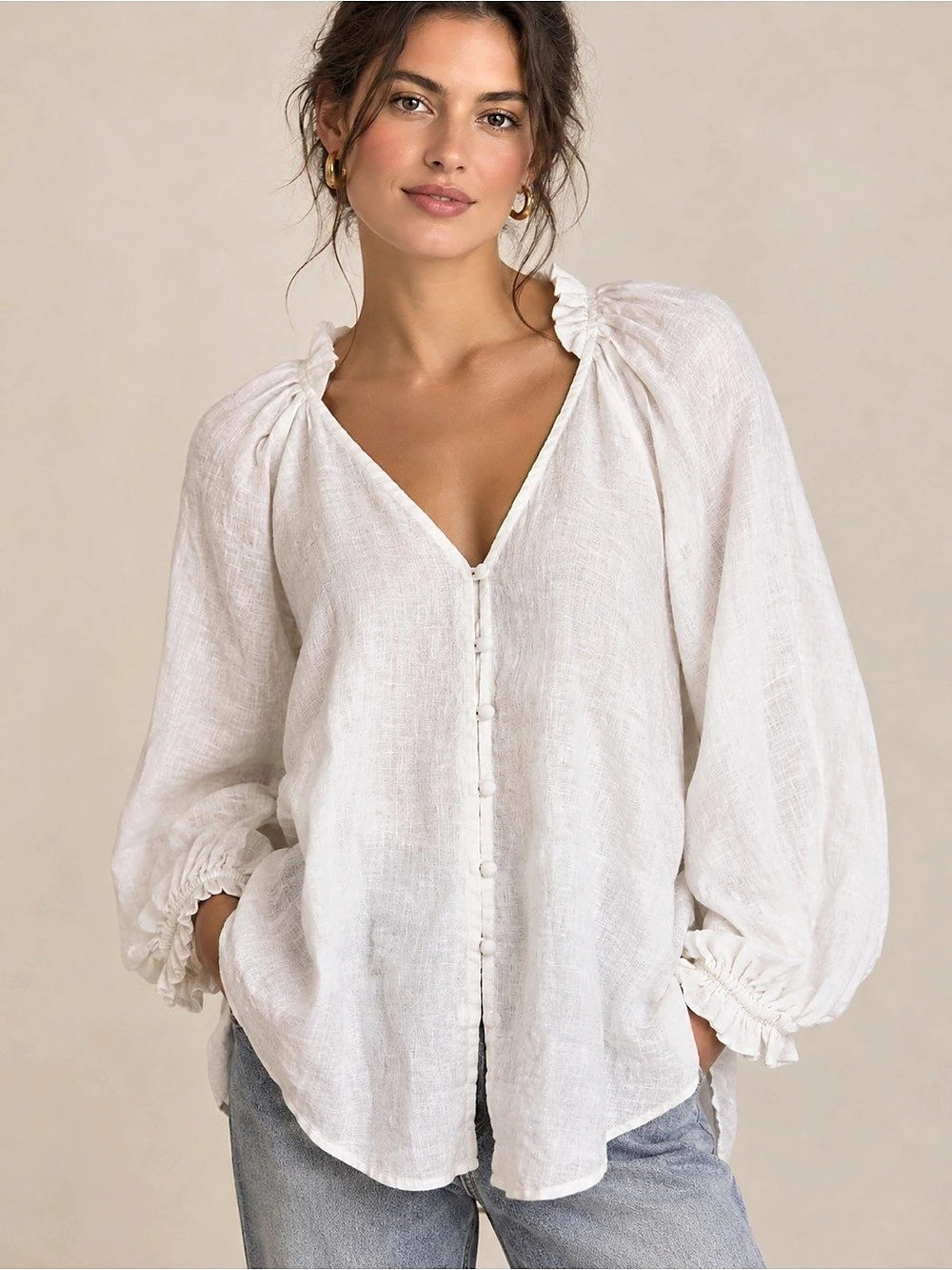 Maeve Anthropologie Linen White Blouse Ruffle High Neck Edwardian Puff Sleeves
